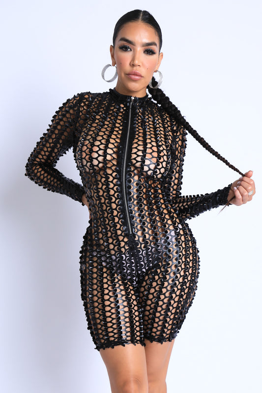 Sexy Long Sleeve Cutting Mesh Bodysuit BLACK
